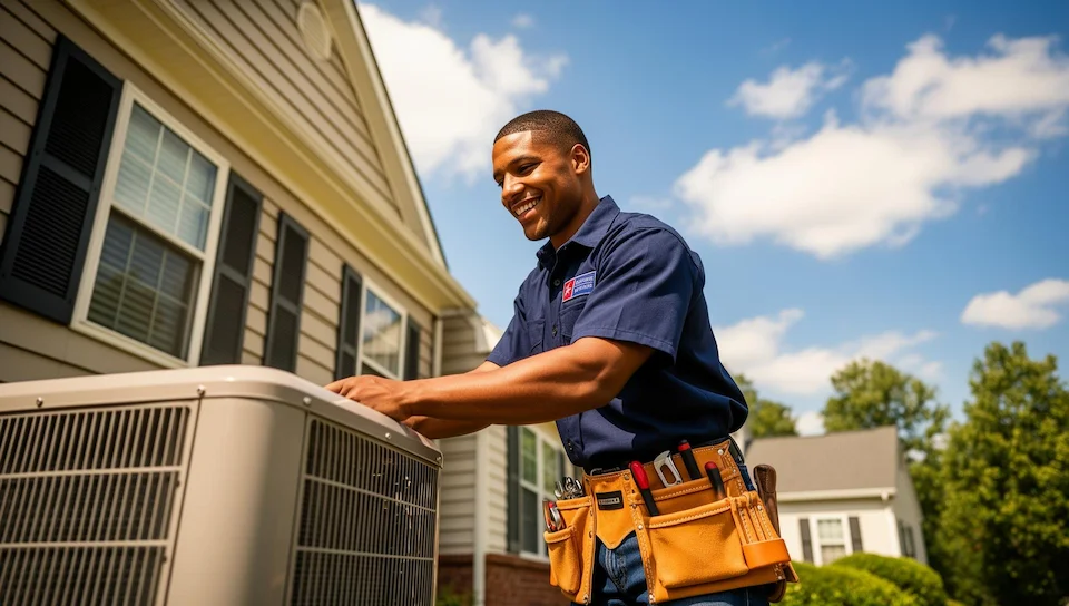 AC repair technician working on residential air conditioner in Bowie MD